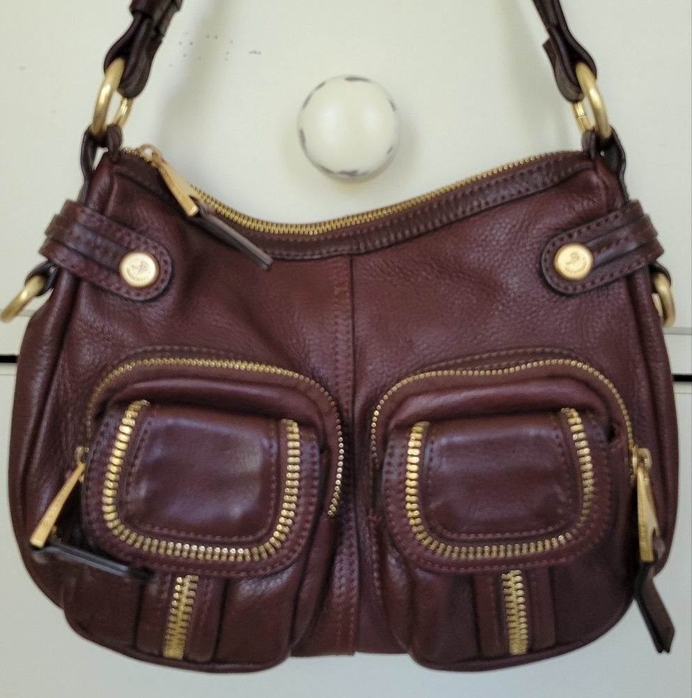 B. Makowsky Burgundy Brown Leather Mini Shoulder Bag w Zippers READ